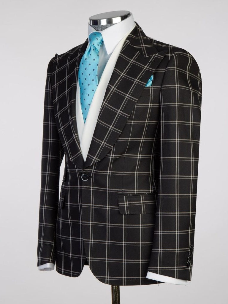 Black plaid 3 Piece Single Breasted Slim Fit Formal Tuxedo for Men