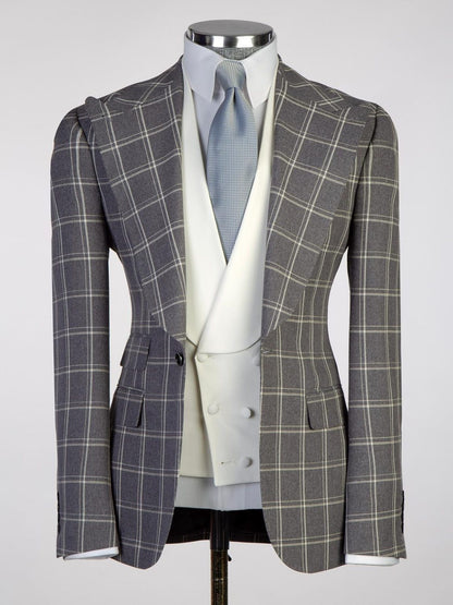 Light Grey plaid 3 Piece Single Breasted Slim Fit Formal Tuxedo for Men