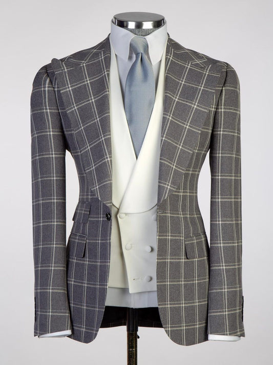 Light Grey plaid 3 Piece Single Breasted Slim Fit Formal Tuxedo for Men