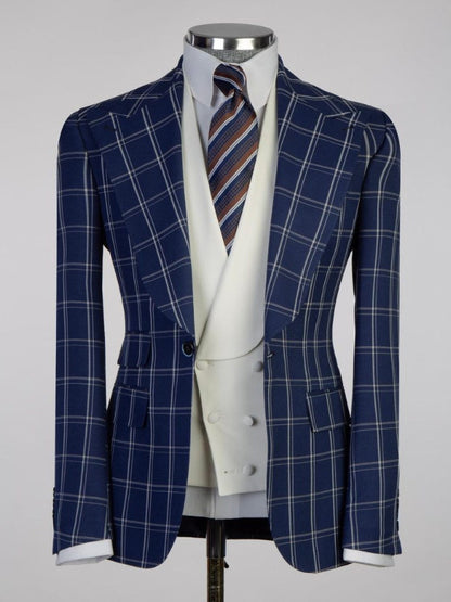 Dark Blue plaid 3 Piece Single Breasted Slim Fit Formal Tuxedo for Men