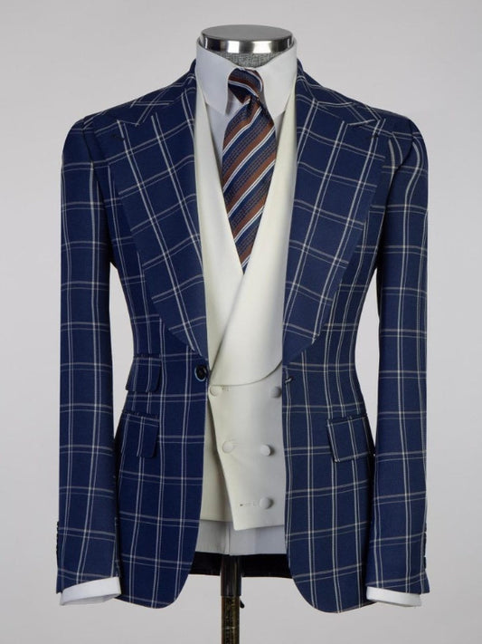 Dark Blue plaid 3 Piece Single Breasted Slim Fit Formal Tuxedo for Men