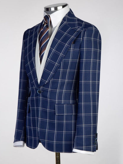 Dark Blue plaid 3 Piece Single Breasted Slim Fit Formal Tuxedo for Men