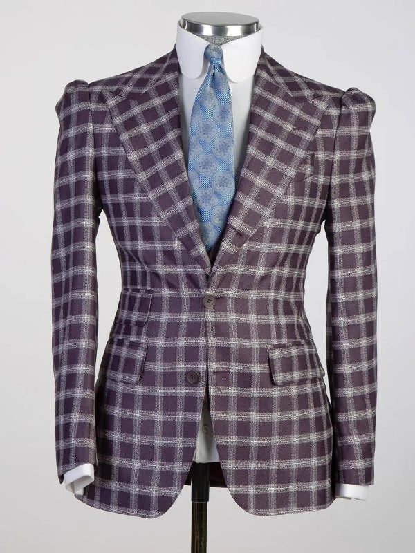 Purple plaid 3 Piece Single Breasted Slim Fit Formal Tuxedo for Men