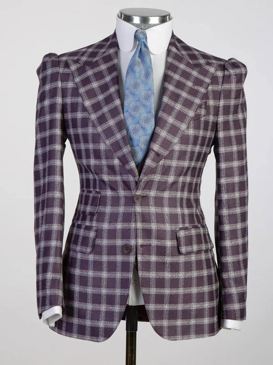 Purple plaid 3 Piece Single Breasted Slim Fit Formal Tuxedo for Men
