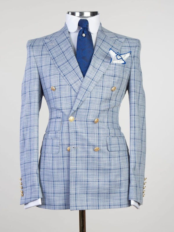 Light Blue plaid 2 Piece Double Breasted Slim Fit Formal Tuxedo