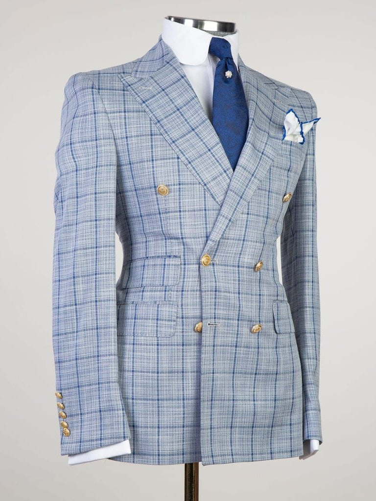 Light Blue plaid 2 Piece Double Breasted Slim Fit Formal Tuxedo