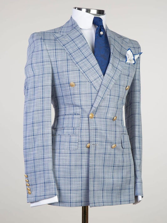 Light Blue plaid 2 Piece Double Breasted Slim Fit Formal Tuxedo