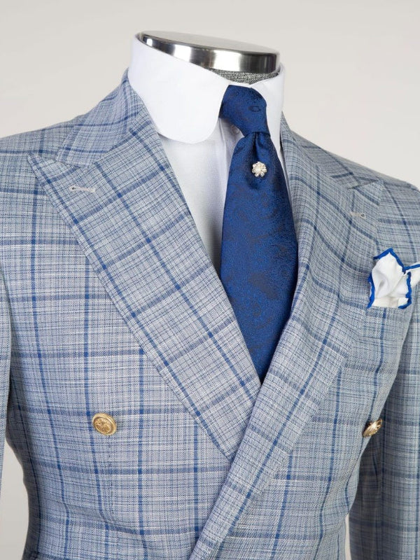 Light Blue plaid 2 Piece Double Breasted Slim Fit Formal Tuxedo