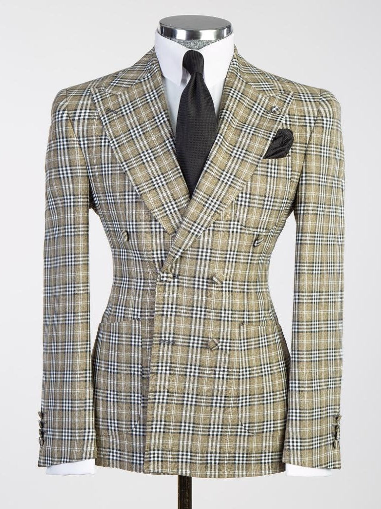 Yellow plaid 2 Piece Double Breasted Slim Fit Formal Tuxedo Suit