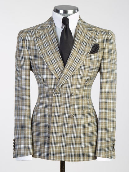 Yellow plaid 2 Piece Double Breasted Slim Fit Formal Tuxedo Suit