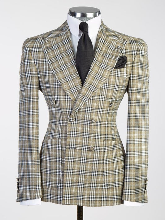 Yellow plaid 2 Piece Double Breasted Slim Fit Formal Tuxedo Suit