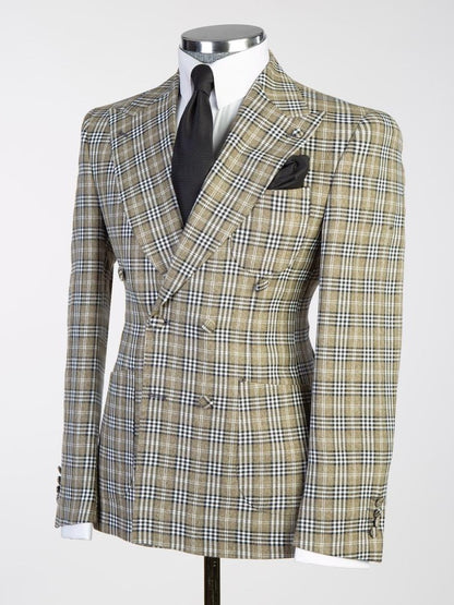 Yellow plaid 2 Piece Double Breasted Slim Fit Formal Tuxedo Suit
