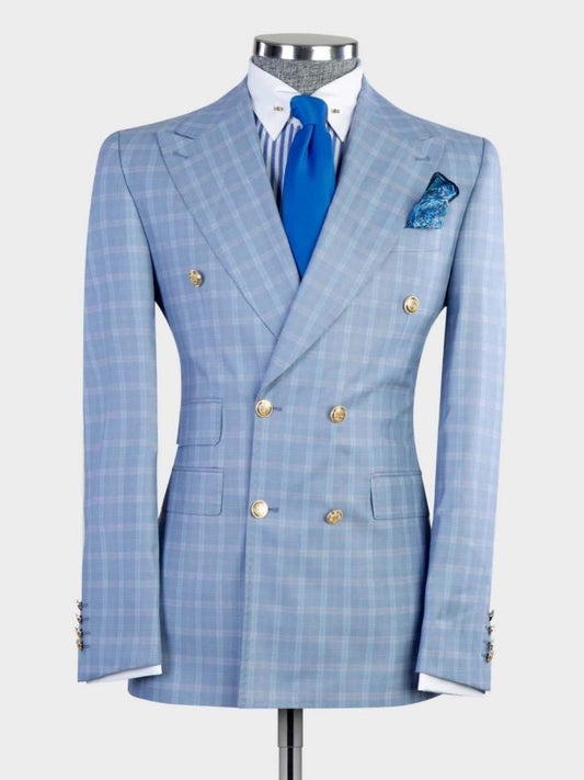 Sky blue plaid 2 Piece Double Breasted Slim Fit Formal Tuxedo Suit
