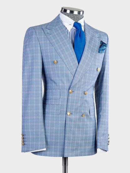 Sky blue plaid 2 Piece Double Breasted Slim Fit Formal Tuxedo Suit