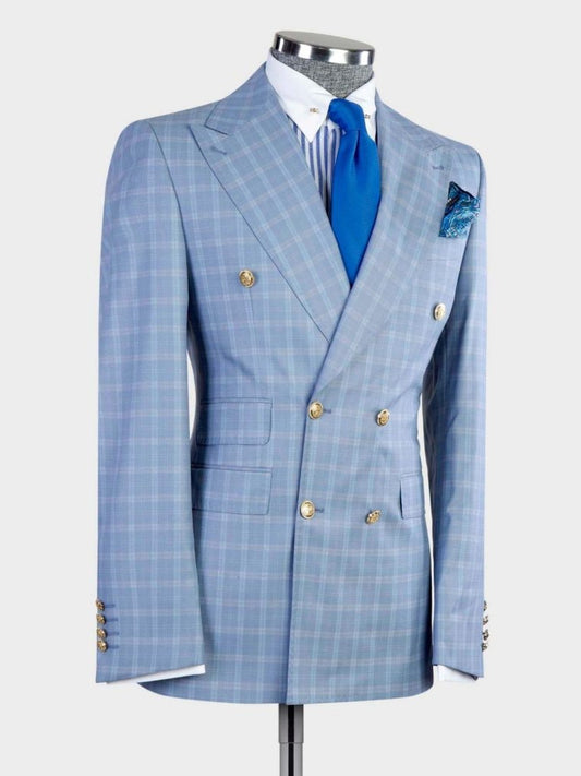 Sky blue plaid 2 Piece Double Breasted Slim Fit Formal Tuxedo Suit