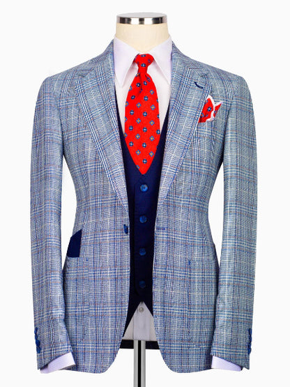 Sky blue plaid 3 Piece Double Breasted Slim Fit Formal Suit