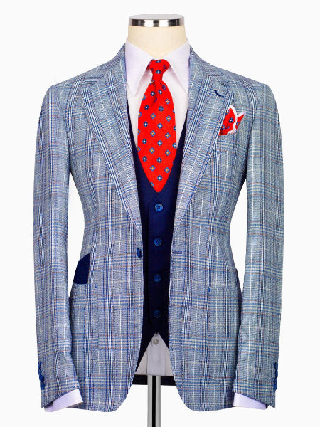 Sky blue plaid 3 Piece Double Breasted Slim Fit Formal Suit