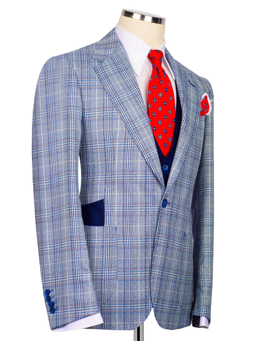 Sky blue plaid 3 Piece Double Breasted Slim Fit Formal Suit