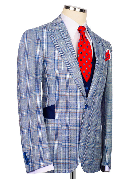 Sky blue plaid 3 Piece Double Breasted Slim Fit Formal Suit