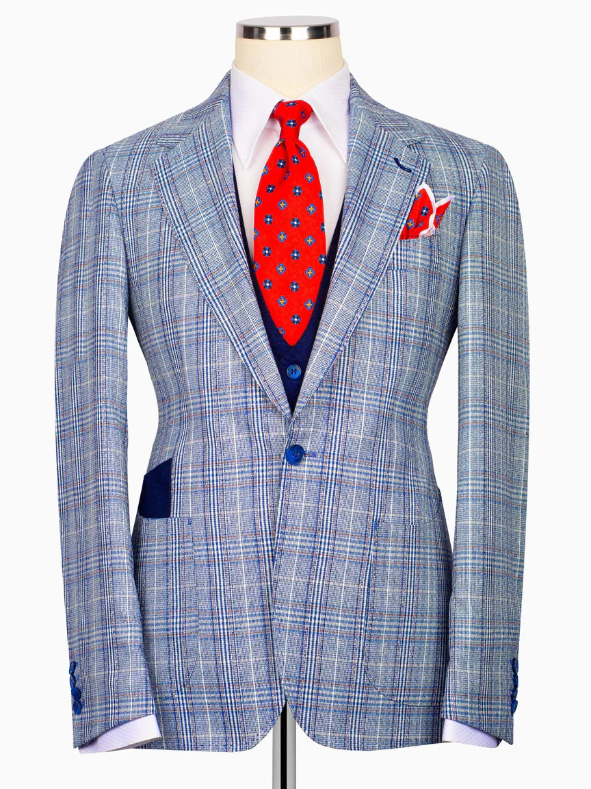Sky blue plaid 3 Piece Double Breasted Slim Fit Formal Suit