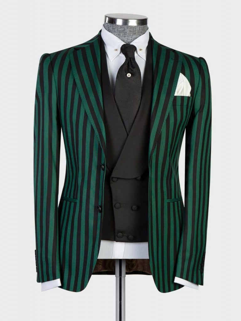 Dark Green Striped 2-button 3-Piece Suit for Men