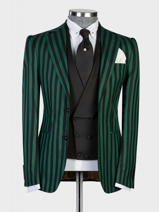 Dark Green Striped 2-button 3-Piece Suit for Men