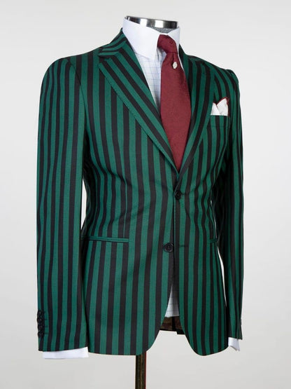 Dark Green Striped 2-button 3-Piece Suit for Men