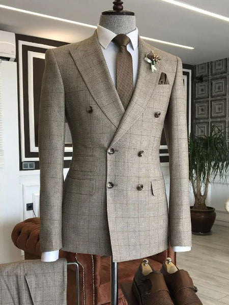 Elegant Khaki plaid 2-Piece Business Suit for Men