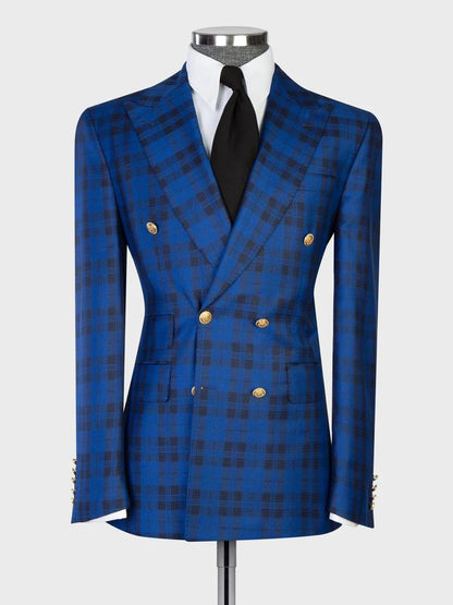 Men’s Blue Plaid Peak Lapel Double-Breasted Slim Fit Suit