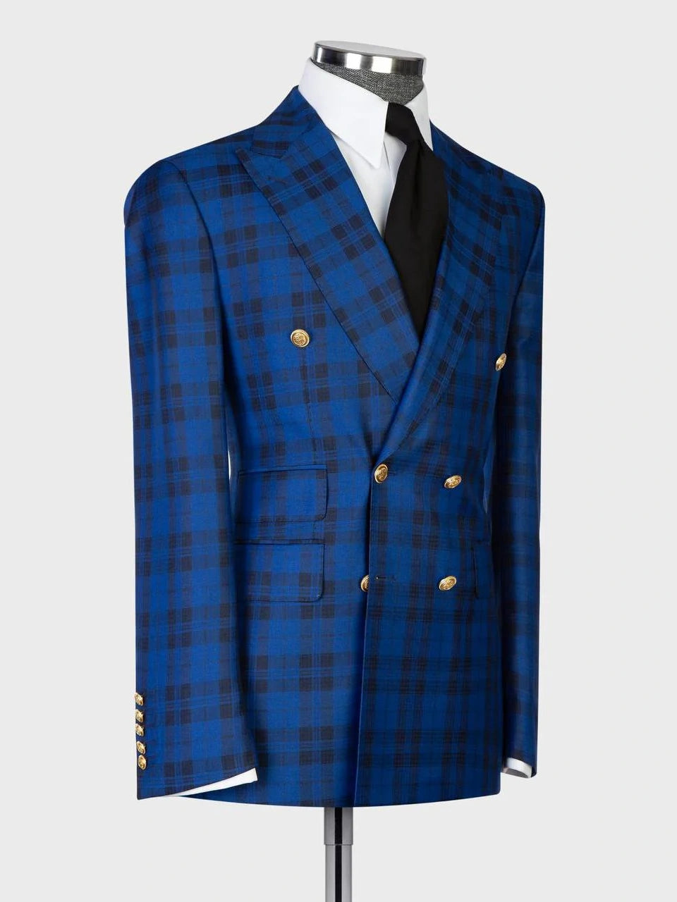 Men’s Blue Plaid Peak Lapel Double-Breasted Slim Fit Suit