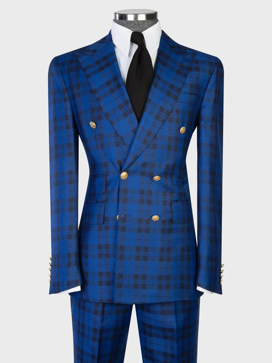 Men’s Blue Plaid Peak Lapel Double-Breasted Slim Fit Suit