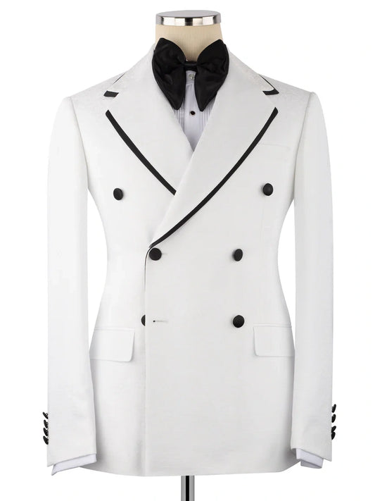 Men’s White Notch Lapel Double-Breasted Tuxedo with Black Trim
