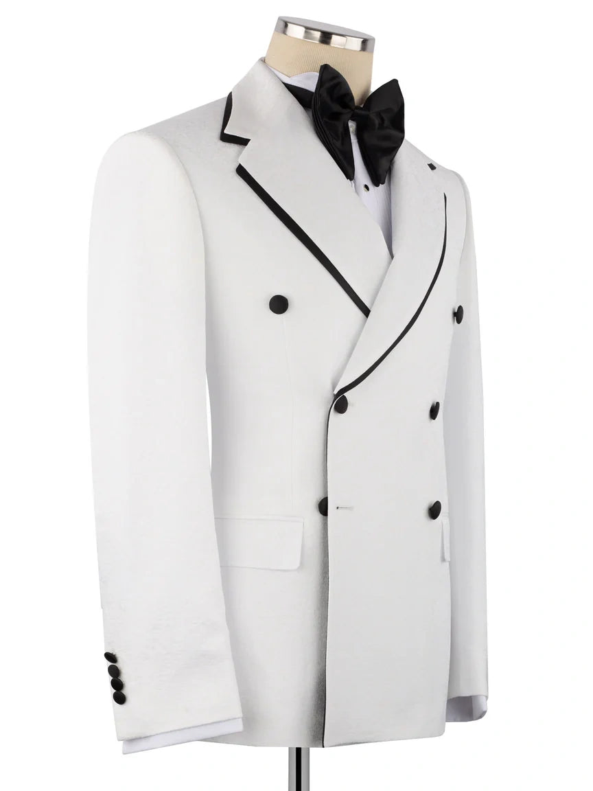 Men’s White Notch Lapel Double-Breasted Tuxedo with Black Trim