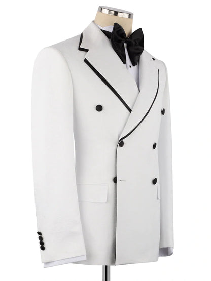 Men’s White Notch Lapel Double-Breasted Tuxedo with Black Trim