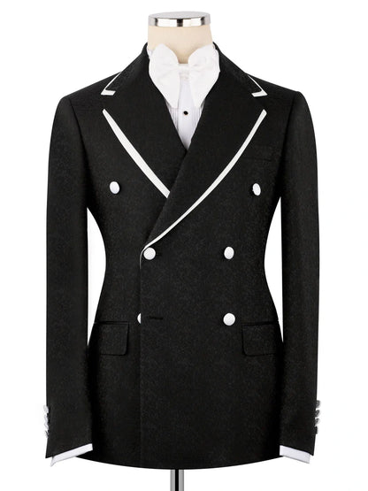 Men’s Black Notch Lapel Double-Breasted Tuxedo with White Trim