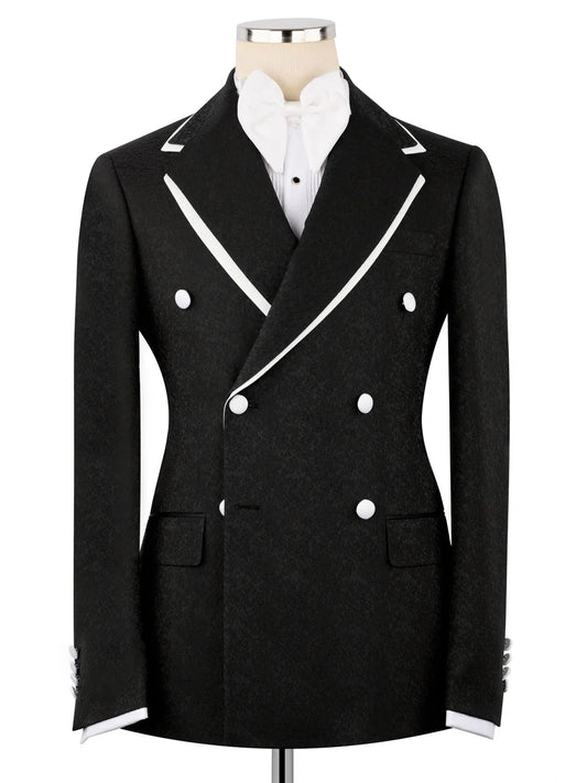 Men’s Black Notch Lapel Double-Breasted Tuxedo with White Trim