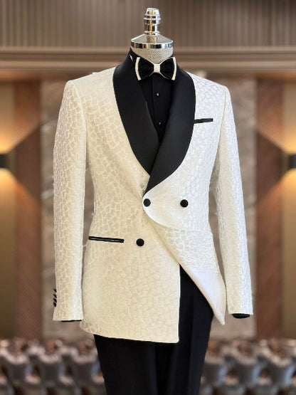 Men’s Ivory Jacquard Shawl Lapel Double-Breasted Tuxedo
