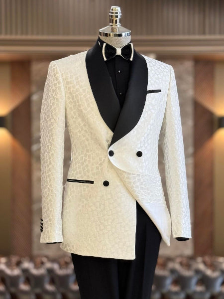 Men’s Ivory Jacquard Shawl Lapel Double-Breasted Tuxedo