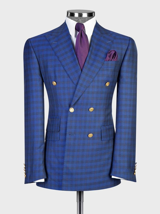 Men’s Blue Plaid Peak Lapel Double-Breasted Prom Suit