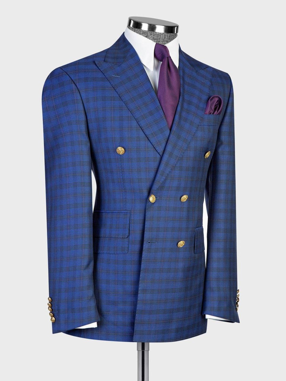Men’s Blue Plaid Peak Lapel Double-Breasted Prom Suit