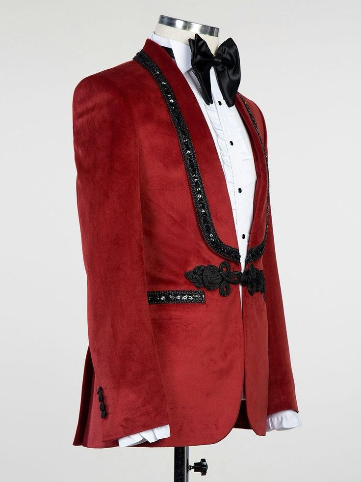Red 2-piece Shawl Lapel Single button Prom Suit