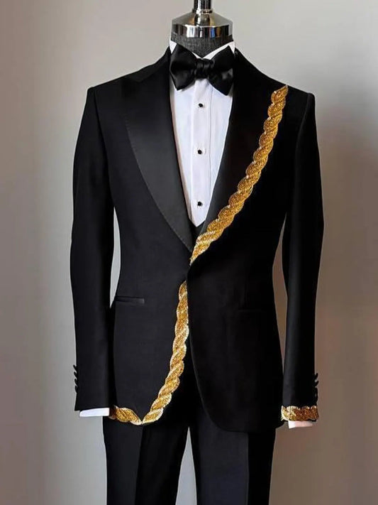 Black Elegant Tuxedo with Gold Braided Detail – Designer Formal Suit for Prom & Gala
