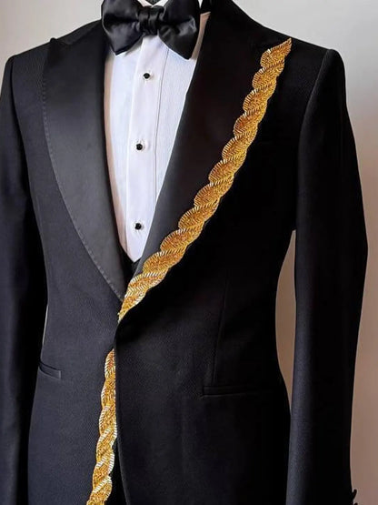 Black Elegant Tuxedo with Gold Braided Detail – Designer Formal Suit for Prom & Gala