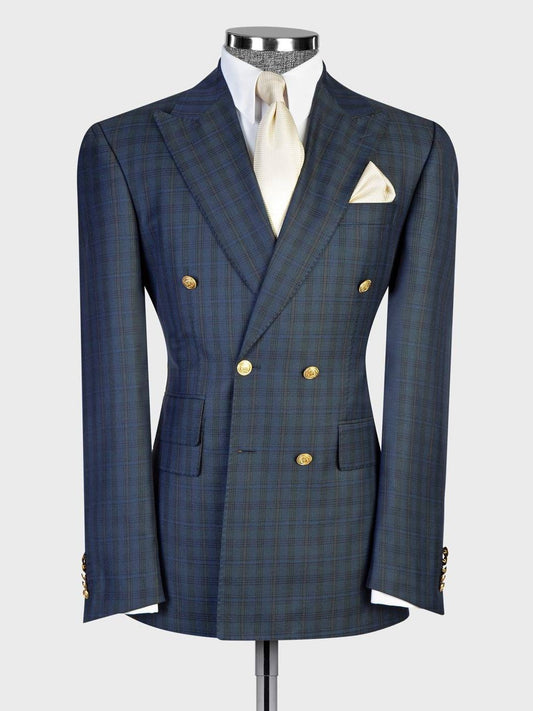Men’s Dark Blue Plaid Peak Lapel Double-Breasted Prom Suit