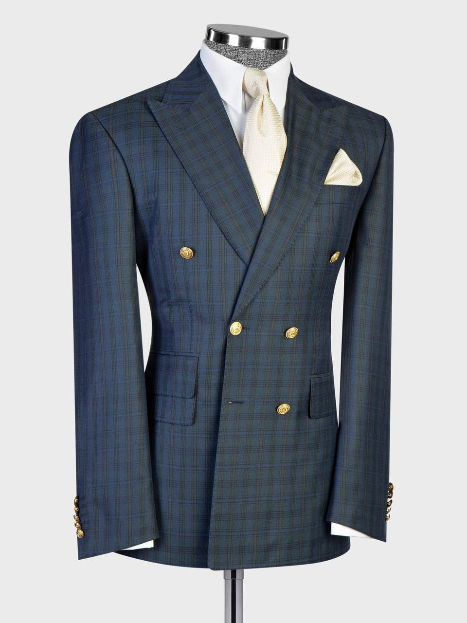 Men’s Dark Blue Plaid Peak Lapel Double-Breasted Prom Suit