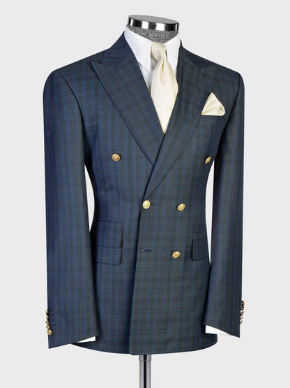 Men’s Dark Blue Plaid Peak Lapel Double-Breasted Prom Suit