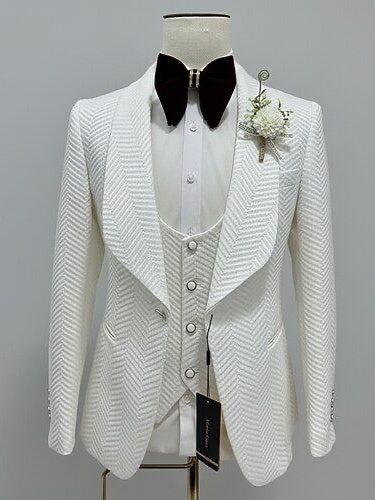 Men’s White Shawl Lapel Tuxedo – Stylish 3-Piece Wedding & Prom Suit