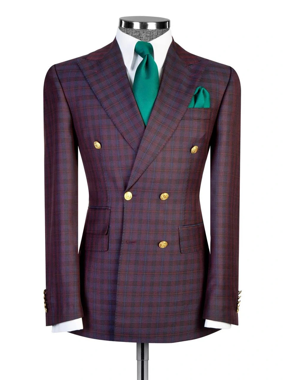 Men’s Red Check Peak Lapel Double-Breasted Formal Suit