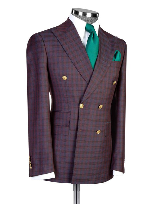 Men’s Red Check Peak Lapel Double-Breasted Formal Suit