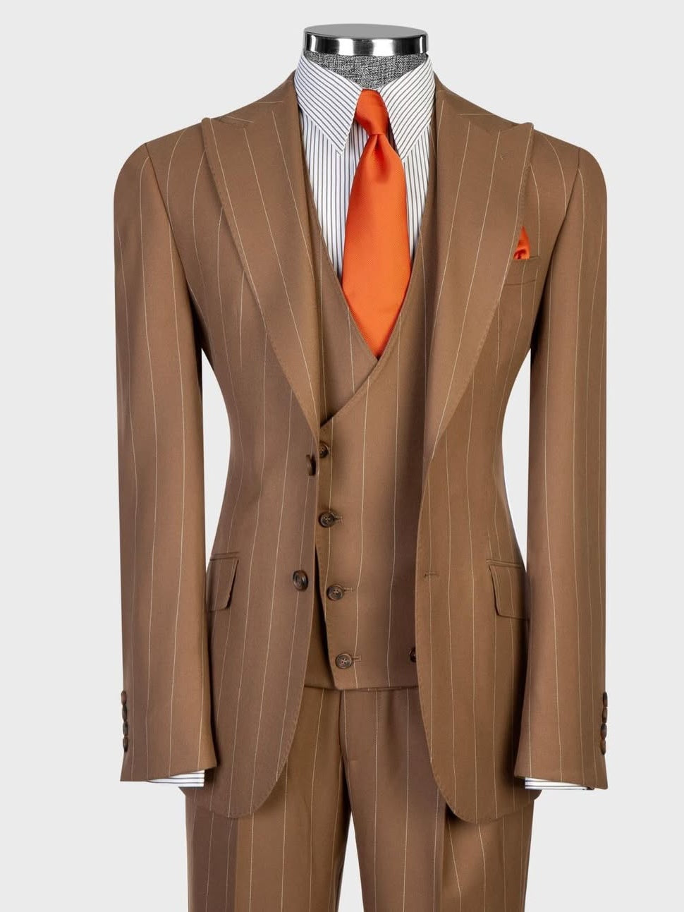 Brown Striped 2-button 3-Piece Business Suit for Men